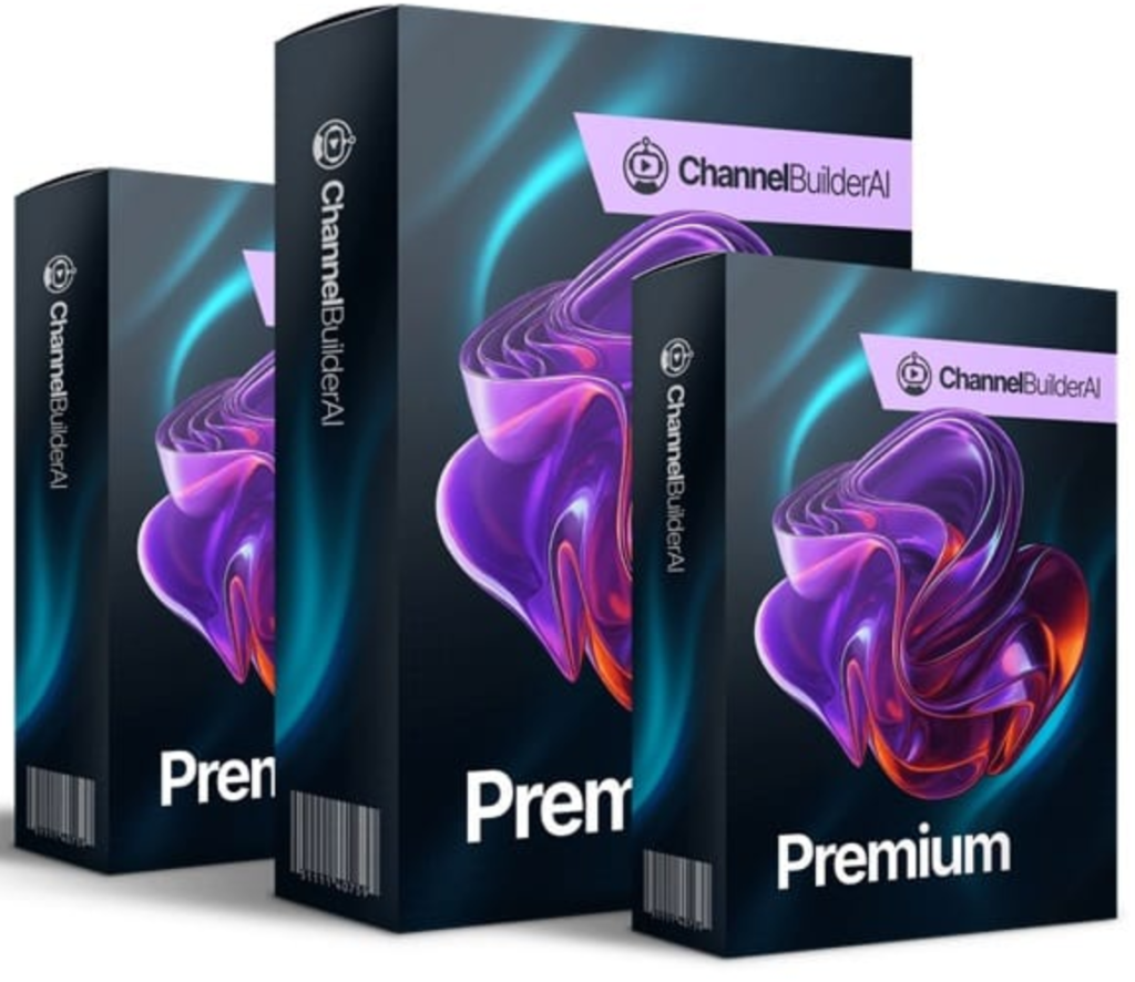 ChannelBuilderAI Premium dashboard showing AI-generated YouTube videos, thumbnails, and channel builder tools