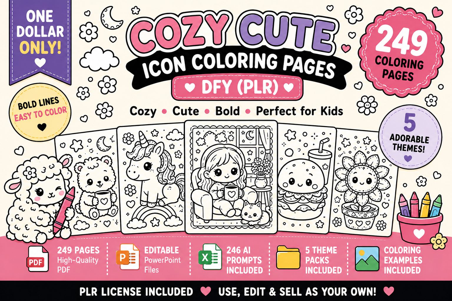 One Dollar for 249 Cozy Cute Icon Coloring Pages DFY